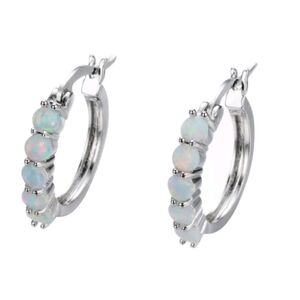 Silver Hoop Earrings with Opal Accents